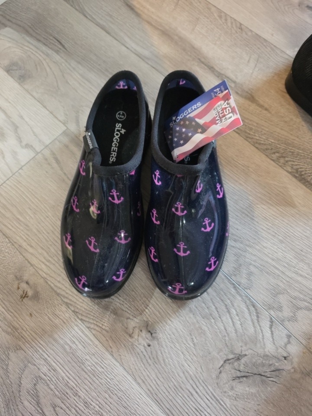 Sloggers Black Waterproof Slip-On Rain Clogs with Pink Anchor Print - Picture 9 of 9